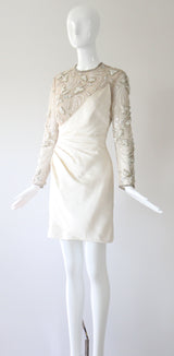 "Trailing Pearls & Satin" Vintage Late 1960's Satin & Tulle Beaded Cocktail Dress UK 10 US 6