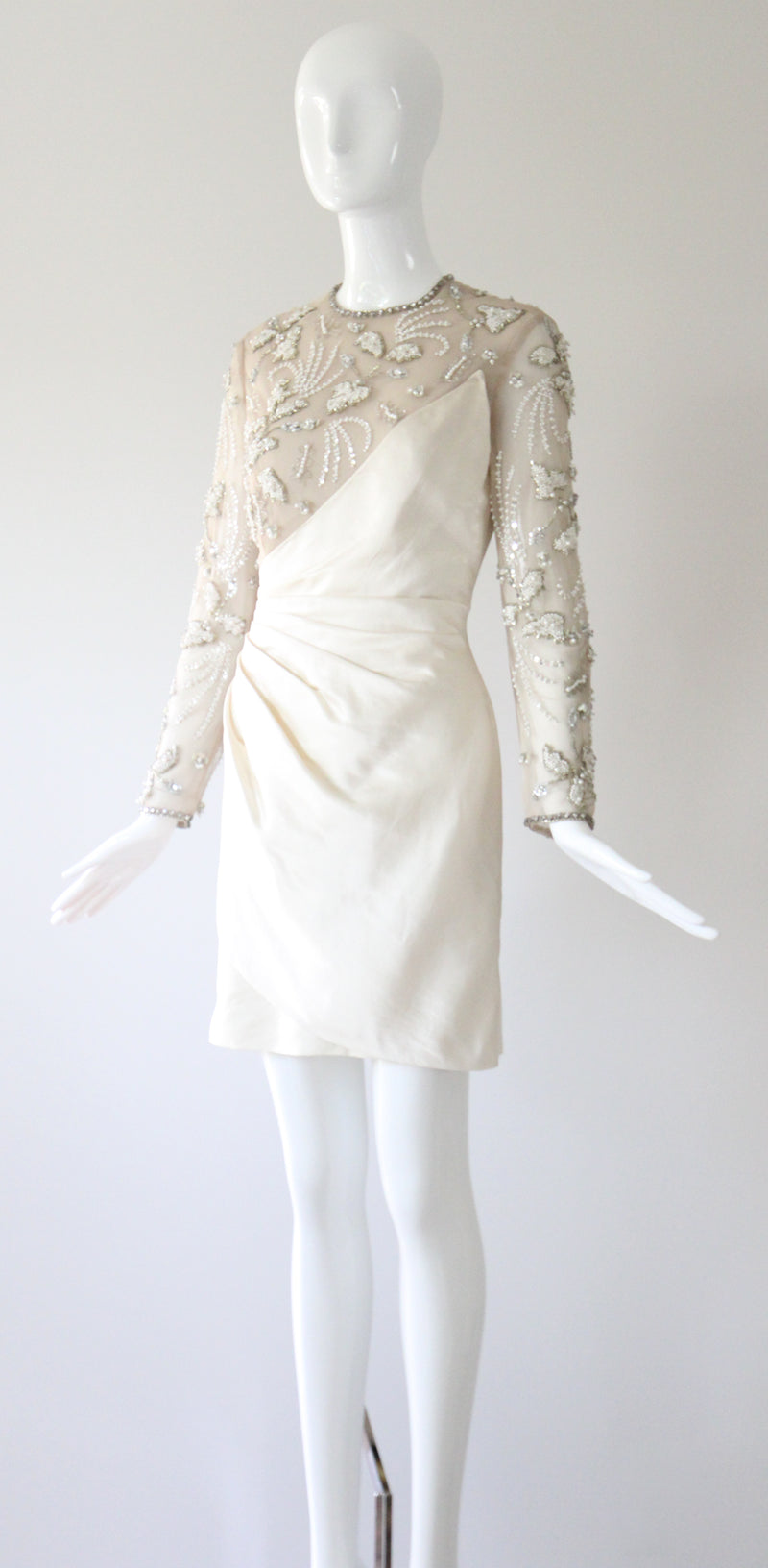 "Trailing Pearls & Satin" Vintage Late 1960's Satin & Tulle Beaded Cocktail Dress UK 10 US 6