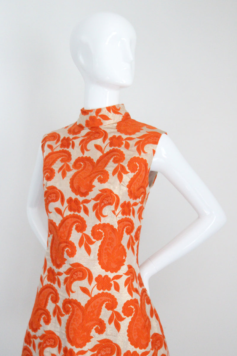 "Tangerine Paisley" Vintage 1960's Gold Lurex & Tangerine Brocade Cocktail Dress UK 10 US 6