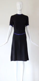 "Night Sky Rhinestones" Vintage 1940's Black Crepe Silk & Cobalt Blue Rhinestone Cocktail Dress UK 8 US 4