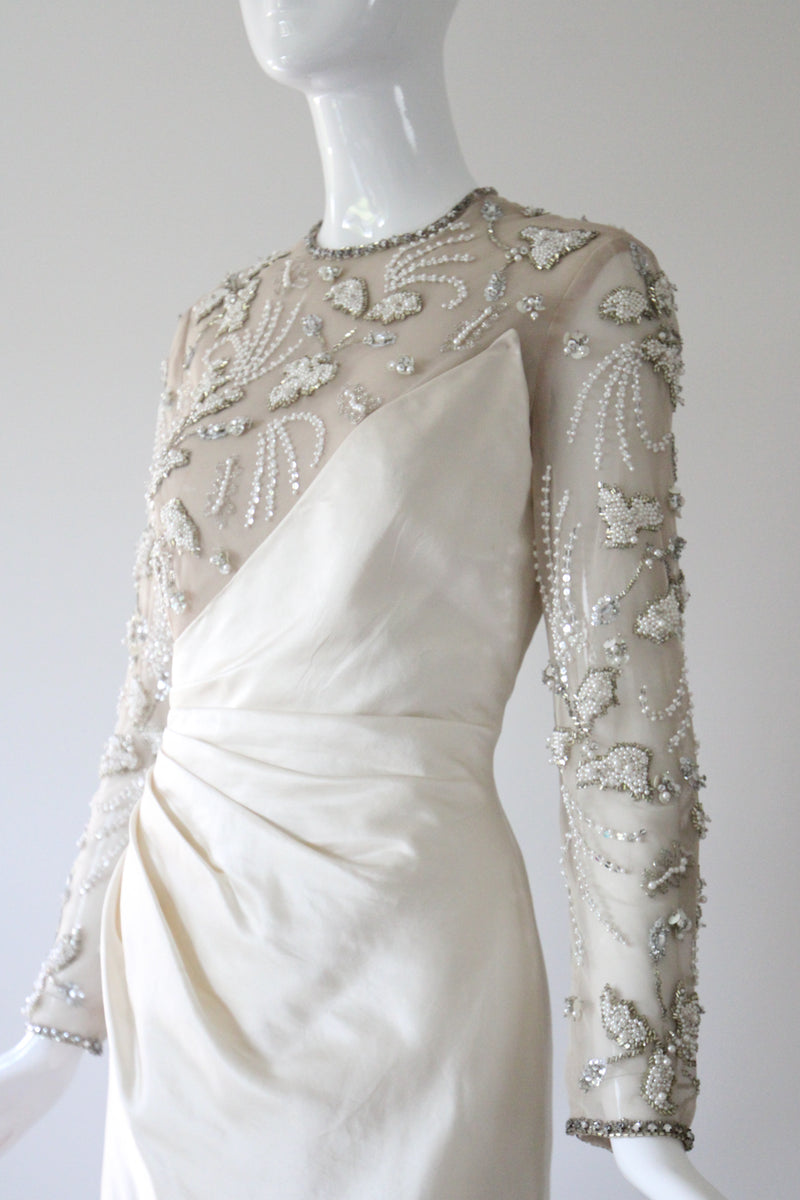 "Trailing Pearls & Satin" Vintage Late 1960's Satin & Tulle Beaded Cocktail Dress UK 10 US 6