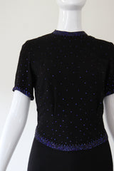 "Night Sky Rhinestones" Vintage 1940's Black Crepe Silk & Cobalt Blue Rhinestone Cocktail Dress UK 8 US 4