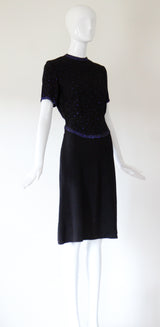 "Night Sky Rhinestones" Vintage 1940's Black Crepe Silk & Cobalt Blue Rhinestone Cocktail Dress UK 8 US 4