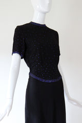 "Night Sky Rhinestones" Vintage 1940's Black Crepe Silk & Cobalt Blue Rhinestone Cocktail Dress UK 8 US 4