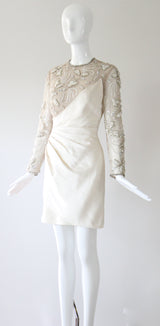 "Trailing Pearls & Satin" Vintage Late 1960's Satin & Tulle Beaded Cocktail Dress UK 10 US 6