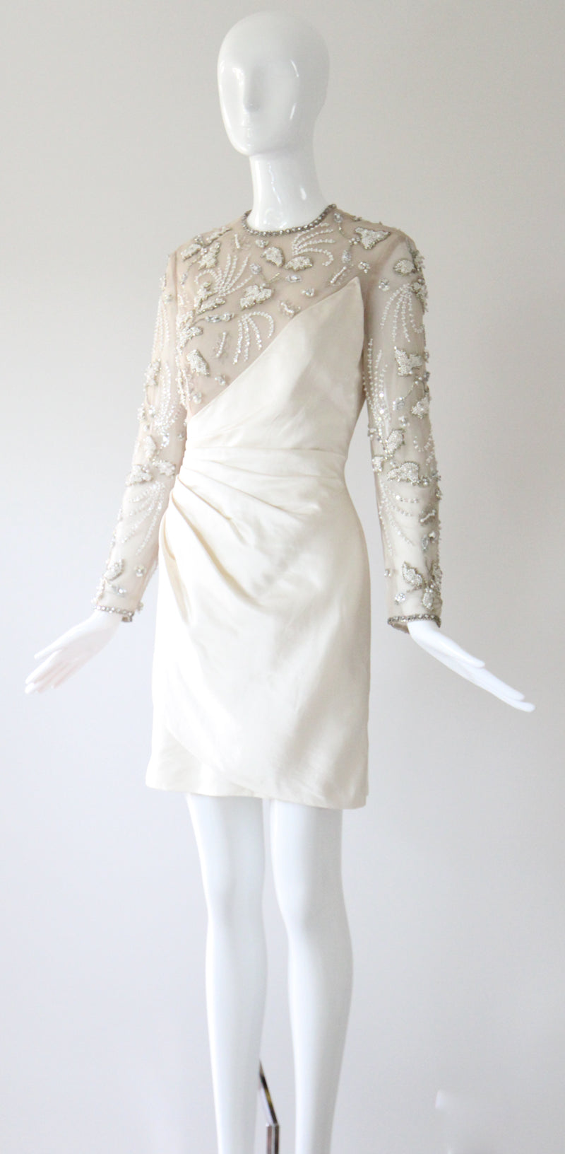 "Trailing Pearls & Satin" Vintage Late 1960's Satin & Tulle Beaded Cocktail Dress UK 10 US 6