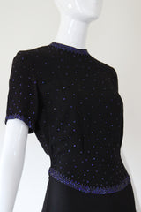"Night Sky Rhinestones" Vintage 1940's Black Crepe Silk & Cobalt Blue Rhinestone Cocktail Dress UK 8 US 4