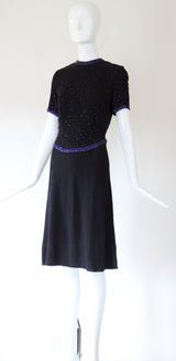 "Night Sky Rhinestones" Vintage 1940's Black Crepe Silk & Cobalt Blue Rhinestone Cocktail Dress UK 8 US 4