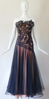 "Botanical Appliqués" Vintage 1940's Navy Blue Organza & Tulle Evening Gown UK 8 US 4