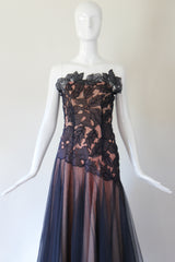 "Botanical Appliqués" Vintage 1940's Navy Blue Organza & Tulle Evening Gown UK 8 US 4