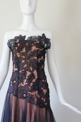 "Botanical Appliqués" Vintage 1940's Navy Blue Organza & Tulle Evening Gown UK 8 US 4
