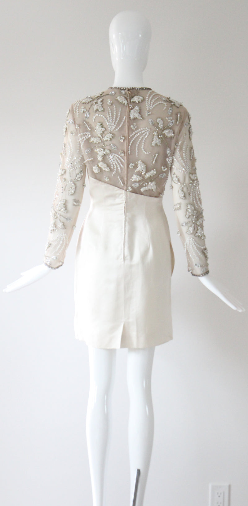 "Trailing Pearls & Satin" Vintage Late 1960's Satin & Tulle Beaded Cocktail Dress UK 10 US 6