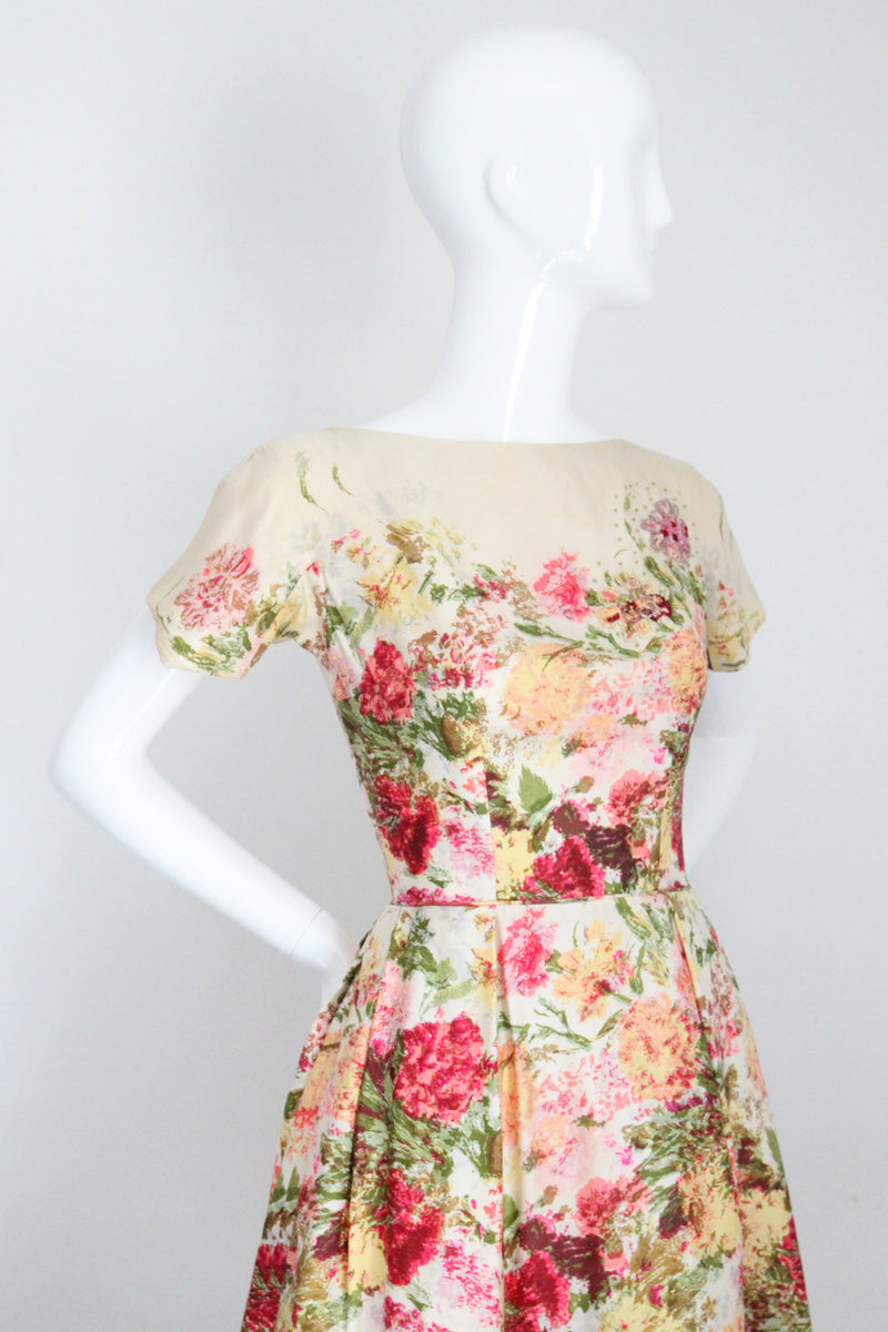 "Seasons Change" Vintage 1950's Twill Silk Floral Dress UK 6 US 2
