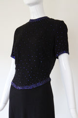 "Night Sky Rhinestones" Vintage 1940's Black Crepe Silk & Cobalt Blue Rhinestone Cocktail Dress UK 8 US 4