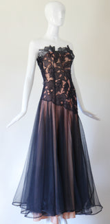 "Botanical Appliqués" Vintage 1940's Navy Blue Organza & Tulle Evening Gown UK 8 US 4