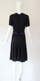 "Night Sky Rhinestones" Vintage 1940's Black Crepe Silk & Cobalt Blue Rhinestone Cocktail Dress UK 8 US 4