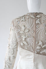 "Trailing Pearls & Satin" Vintage Late 1960's Satin & Tulle Beaded Cocktail Dress UK 10 US 6