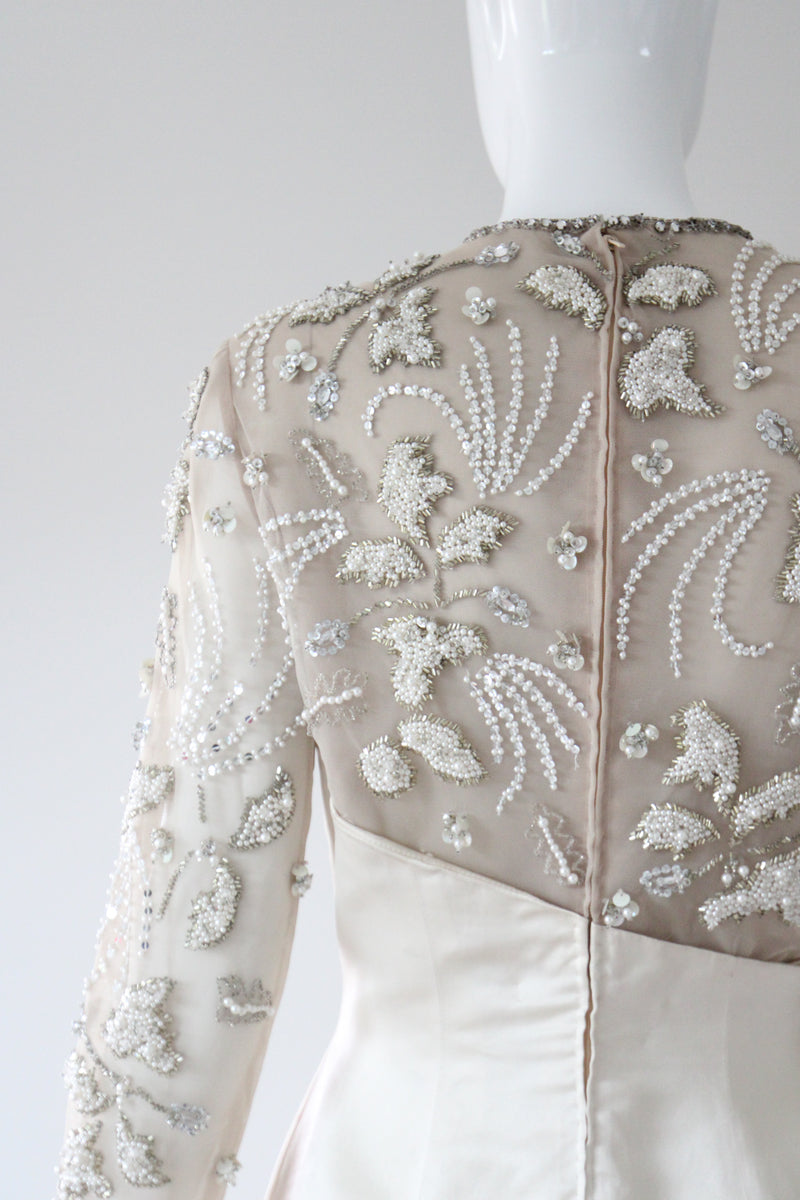 "Trailing Pearls & Satin" Vintage Late 1960's Satin & Tulle Beaded Cocktail Dress UK 10 US 6