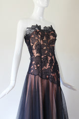 "Botanical Appliqués" Vintage 1940's Navy Blue Organza & Tulle Evening Gown UK 8 US 4