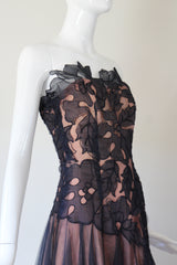 "Botanical Appliqués" Vintage 1940's Navy Blue Organza & Tulle Evening Gown UK 8 US 4