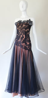 "Botanical Appliqués" Vintage 1940's Navy Blue Organza & Tulle Evening Gown UK 8 US 4