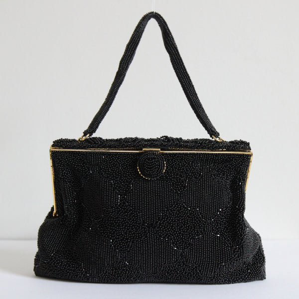 "Scalloped Diamond Beadwork" Vintage 1950's Black Beaded Evening Bag