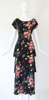 "Tulips & Wildflowers" Vintage 1940's Silk Tiered Wildflower Print Gown UK 12 US 8