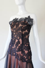 "Botanical Appliqués" Vintage 1940's Navy Blue Organza & Tulle Evening Gown UK 8 US 4