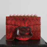 "Pink Cabochons & Rhinestones" Vintage 1950's Red Leather & Pink Cabochons Clutch Bag