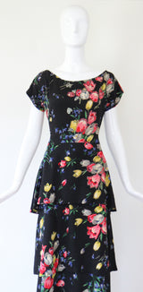"Tulips & Wildflowers" Vintage 1940's Silk Tiered Wildflower Print Gown UK 12 US 8