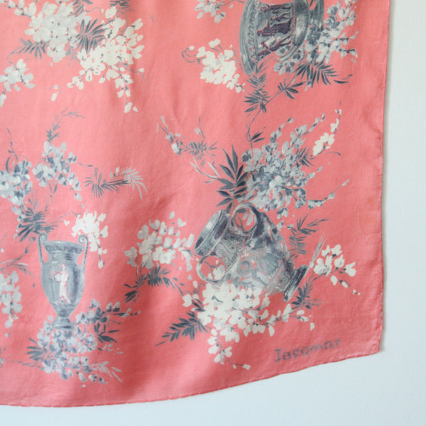 "Silk Urns" Vintage 1940's Coral Silk Urn Print Jacqmar Scarf