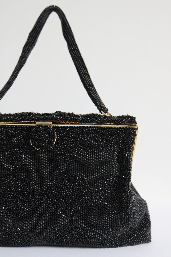 "Scalloped Diamond Beadwork" Vintage 1950's Black Beaded Evening Bag