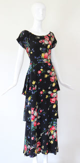 "Tulips & Wildflowers" Vintage 1940's Silk Tiered Wildflower Print Gown UK 12 US 8