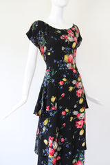"Tulips & Wildflowers" Vintage 1940's Silk Tiered Wildflower Print Gown UK 12 US 8