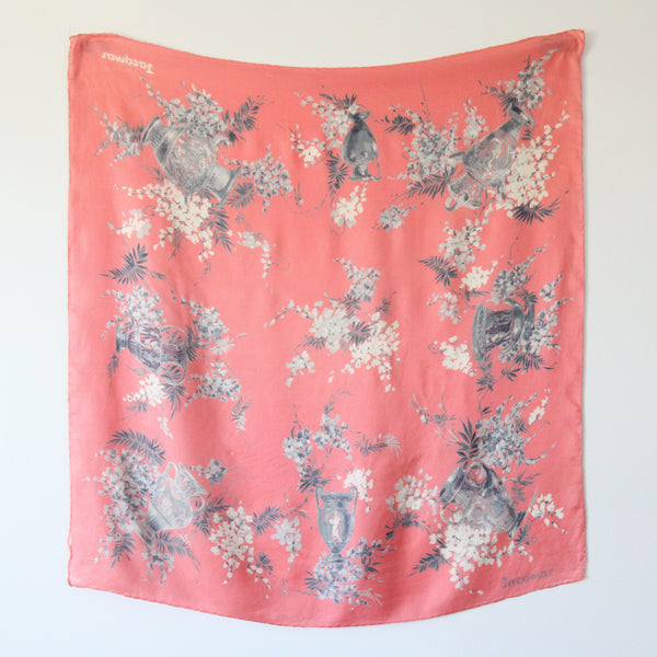 "Silk Urns" Vintage 1940's Coral Silk Urn Print Jacqmar Scarf