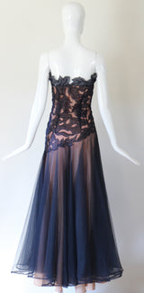 "Botanical Appliqués" Vintage 1940's Navy Blue Organza & Tulle Evening Gown UK 8 US 4
