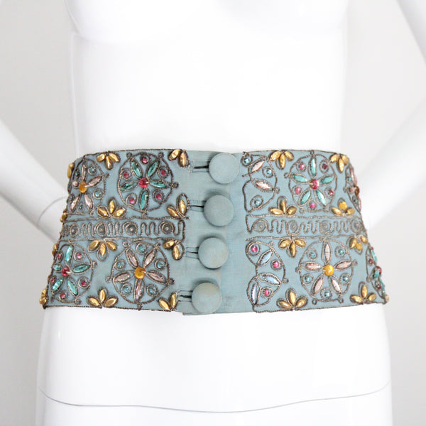 "Rhinestones & Bullion" Vintage 1940's Blue Faille Embellished Waist Belt UK 8-10 US 4-6