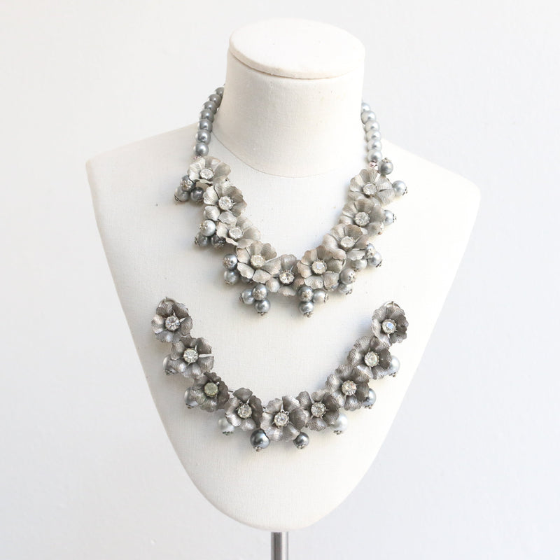 "Pearl & Rhinestone Florals" Vintage 1950's Silver Floral Necklace & Bracelet Demi-Parure Set