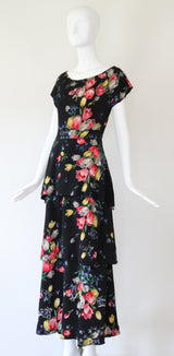 "Tulips & Wildflowers" Vintage 1940's Silk Tiered Wildflower Print Gown UK 12 US 8
