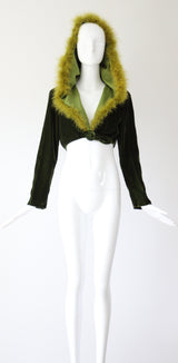 "Chartreuse Marabou" Vintage 1960's Forest Green Velvet & Chartreuse Marabou Cropped Jacket UK 12 US 8