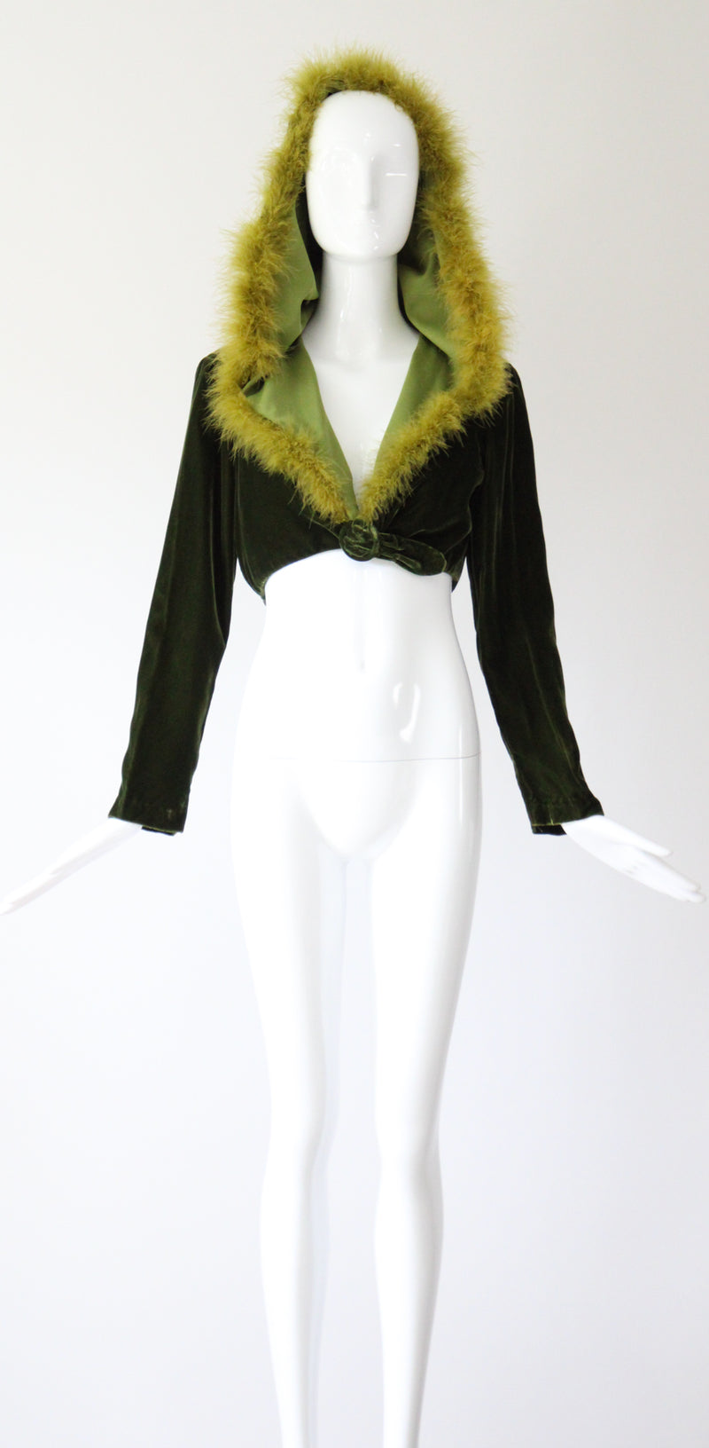 "Chartreuse Marabou" Vintage 1960's Forest Green Velvet & Chartreuse Marabou Cropped Jacket UK 12 US 8