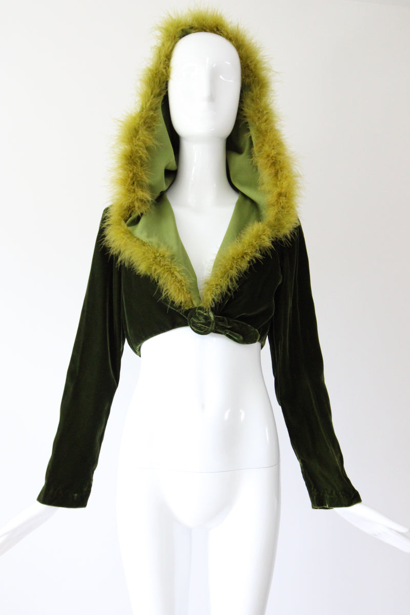 "Chartreuse Marabou" Vintage 1960's Forest Green Velvet & Chartreuse Marabou Cropped Jacket UK 12 US 8