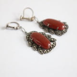 "Marcasite Leaves" Vintage 1930's Floral Marcasite & Rust Cabochon Screw Back Earrings