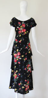 "Tulips & Wildflowers" Vintage 1940's Silk Tiered Wildflower Print Gown UK 12 US 8