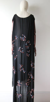 "Daisy Trains" Vintage 1920's Black Silk Beaded Daisy Train Dress UK 14-18 US 10-14