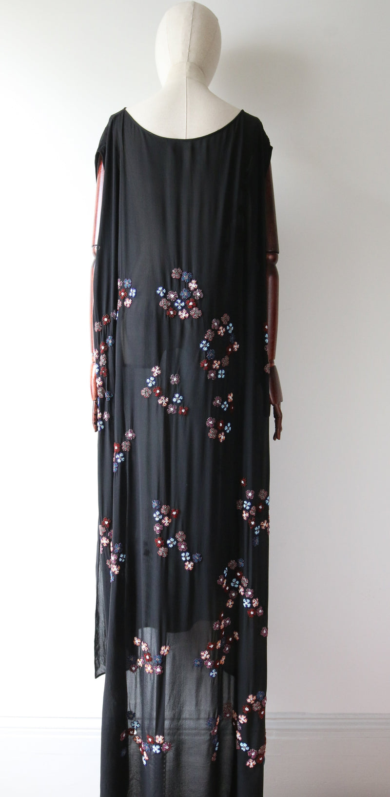 "Daisy Trains" Vintage 1920's Black Silk Beaded Daisy Train Dress UK 14-18 US 10-14