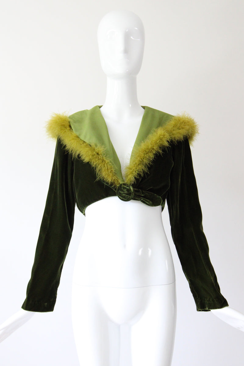"Chartreuse Marabou" Vintage 1960's Forest Green Velvet & Chartreuse Marabou Cropped Jacket UK 12 US 8