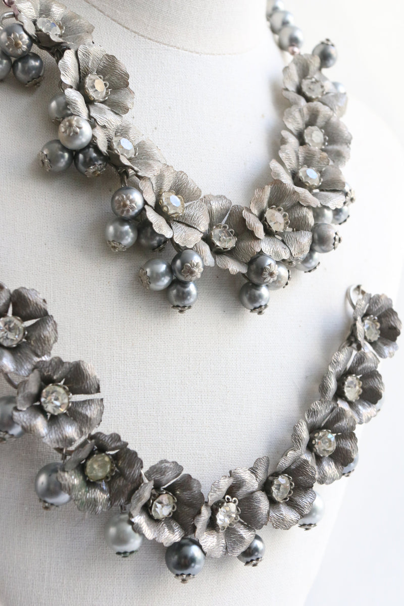"Pearl & Rhinestone Florals" Vintage 1950's Silver Floral Necklace & Bracelet Demi-Parure Set