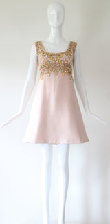 "Pink Silk & Pearls" Vintage 1960's Pink Shantung Silk Beaded Dress UK 8 US 4