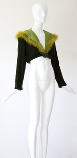 "Chartreuse Marabou" Vintage 1960's Forest Green Velvet & Chartreuse Marabou Cropped Jacket UK 12 US 8